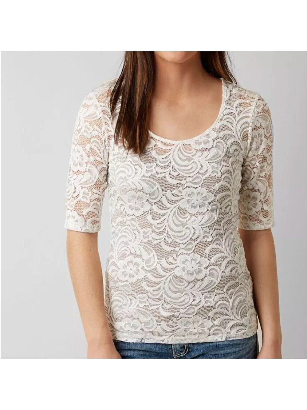 Guess Cream White Lace Blouse Short Sleeve Scoop Neck Medium